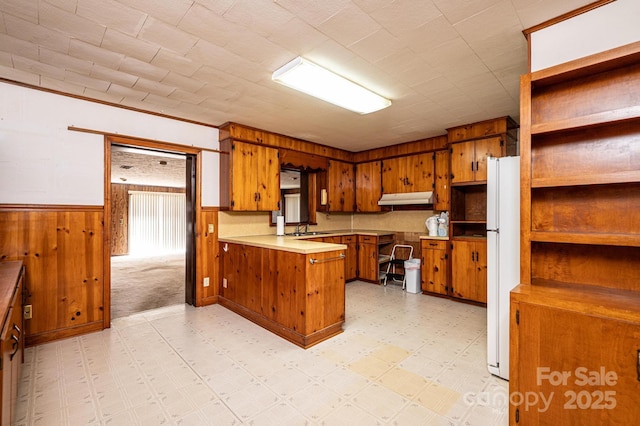 3954 E Burke Blvd, Connelly Springs, NC 28612 - kitchen with brown cabinetry, a peninsula, under cabinet range hood, a wainscoted wall, and freestanding refrigerator