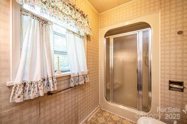 3954 E Burke Blvd, Connelly Springs, NC 28612 - bathroom featuring crown molding, a stall shower, and wallpapered walls