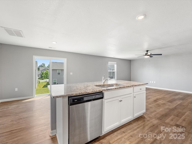 9136 Creedmore Hills Dr, Charlotte, NC 28214 - kitchen featuring dishwasher, white cabinetry, a ceiling fan, light wood-type flooring, and recessed lighting