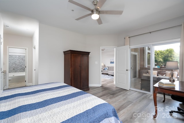 18511 Harborside Dr, Cornelius, NC 28031 - bedroom with light wood-style flooring, access to outside, french doors, connected bathroom, and ceiling fan