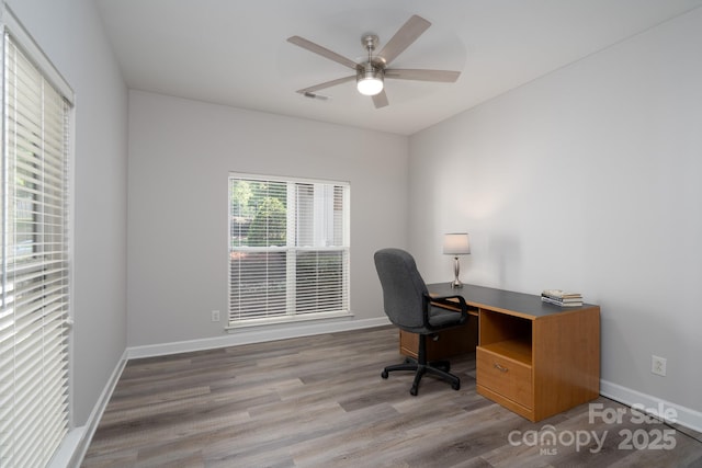 18511 Harborside Dr, Cornelius, NC 28031 - office area featuring a ceiling fan and wood finished floors