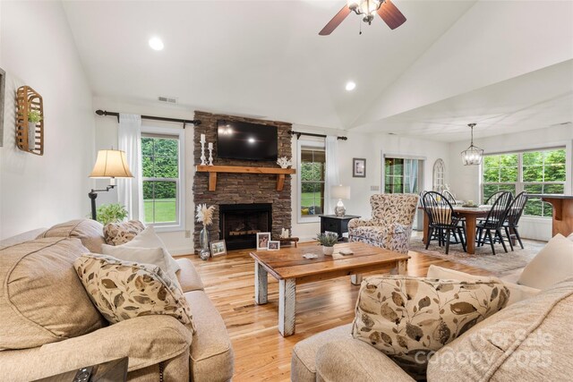121 Maplewood Ct, Hudson, NC 28638 - living room with plenty of natural light, a fireplace, ceiling fan, recessed lighting, and light wood-style flooring