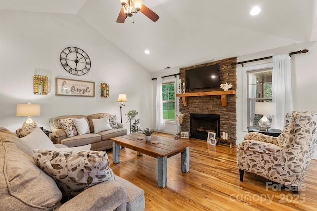 121 Maplewood Ct, Hudson, NC 28638 - living area featuring a ceiling fan, wood finished floors, a fireplace, high vaulted ceiling, and recessed lighting