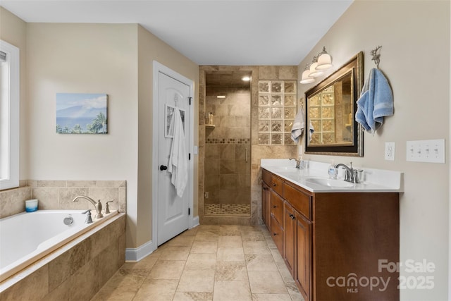 121 Maplewood Ct, Hudson, NC 28638 - bathroom with a stall shower, a garden tub, double vanity, and tile patterned flooring
