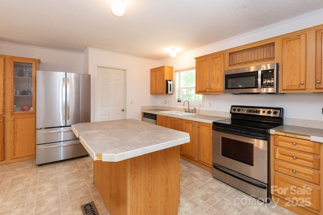 16 Rusty Clay Rdg, Fairview, NC 28730 - kitchen featuring appliances with stainless steel finishes, a center island, light countertops, brown cabinets, and glass insert cabinets