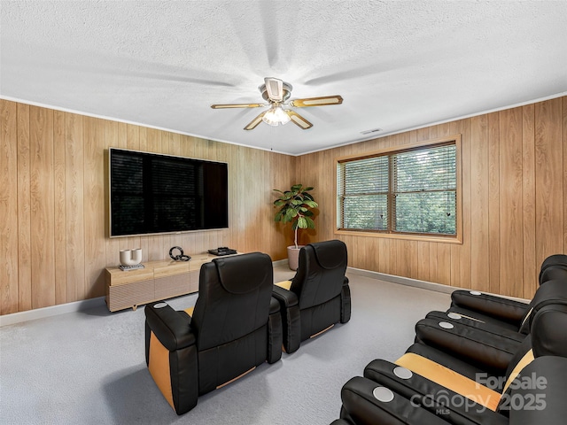 128 View De Lake Dr, Etowah, NC 28729 - home theater with a ceiling fan, wood walls, and a textured ceiling