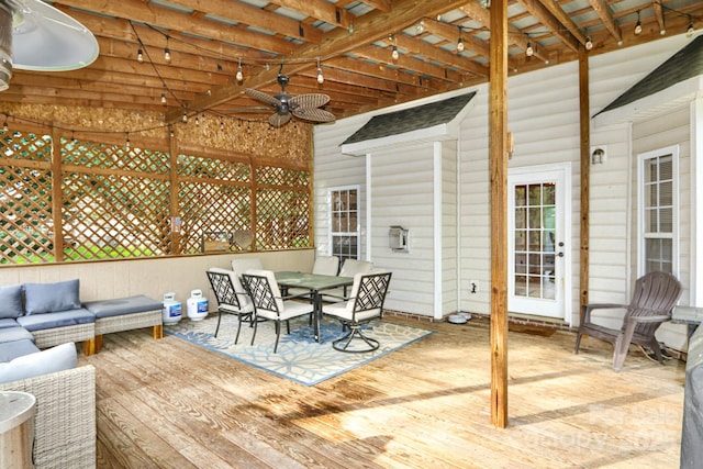 111 Painted Bunting Dr, Troutman, NC 28166 - deck featuring ceiling fan, outdoor dining area, and an outdoor hangout area