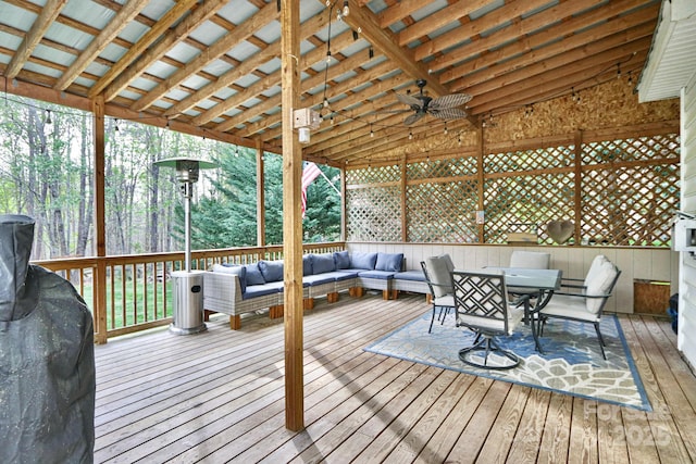 111 Painted Bunting Dr, Troutman, NC 28166 - wooden terrace featuring an outdoor living space, ceiling fan, and outdoor dining space