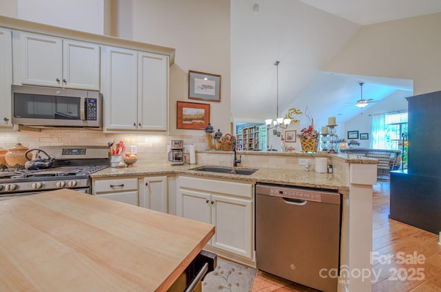 38 Westfield Way, Candler, NC 28715 - kitchen featuring stainless steel appliances, a peninsula, open floor plan, tasteful backsplash, and light wood-style floors
