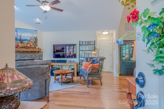 38 Westfield Way, Candler, NC 28715 - living room featuring ceiling fan, light wood finished floors, and vaulted ceiling