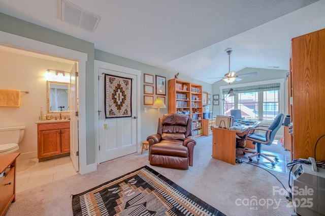 38 Westfield Way, Candler, NC 28715 - home office featuring light colored carpet, lofted ceiling, and ceiling fan