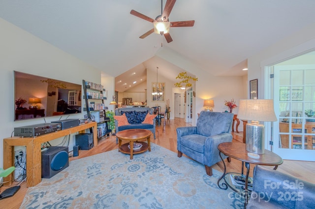 38 Westfield Way, Candler, NC 28715 - living area featuring ceiling fan, lofted ceiling, wood finished floors, and recessed lighting