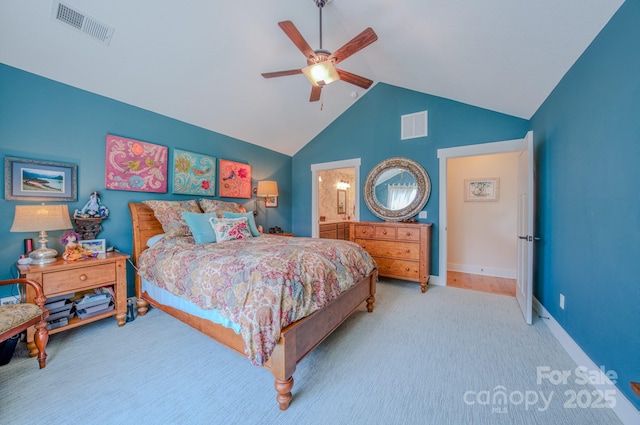 38 Westfield Way, Candler, NC 28715 - bedroom with carpet flooring, high vaulted ceiling, ensuite bathroom, and ceiling fan