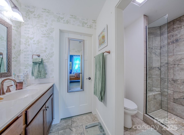 38 Westfield Way, Candler, NC 28715 - bathroom with vanity, wallpapered walls, and a tile shower