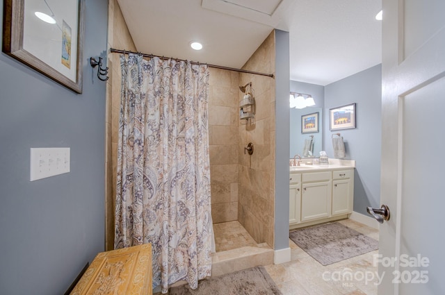38 Westfield Way, Candler, NC 28715 - bathroom featuring vanity, tiled shower, and recessed lighting