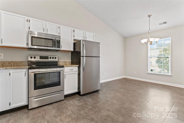 8724 Tweedsmuir Glen Ln, Charlotte, NC 28215 - kitchen with stainless steel appliances, lofted ceiling, a chandelier, and white cabinets