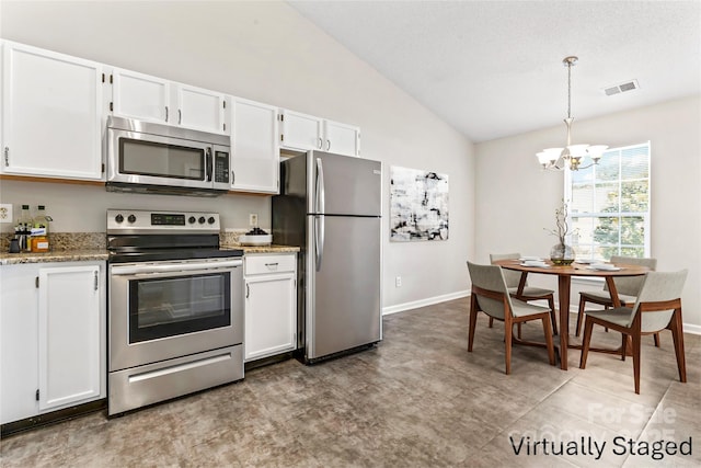 8724 Tweedsmuir Glen Ln, Charlotte, NC 28215 - kitchen featuring stainless steel appliances, vaulted ceiling, a chandelier, white cabinets, and hanging light fixtures