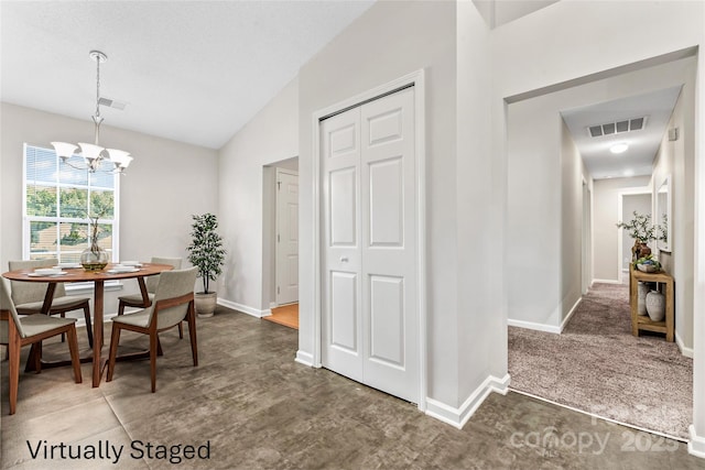8724 Tweedsmuir Glen Ln, Charlotte, NC 28215 - dining area featuring a chandelier and vaulted ceiling