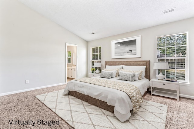 8724 Tweedsmuir Glen Ln, Charlotte, NC 28215 - carpeted bedroom with a textured ceiling, lofted ceiling, and connected bathroom