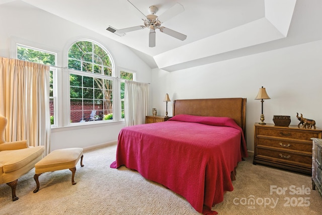 7014 Walton Heath Ln, Charlotte, NC 28277 - carpeted bedroom with a ceiling fan and vaulted ceiling