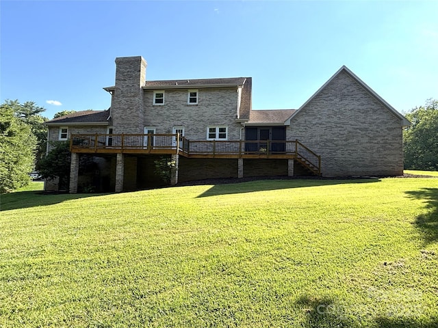 1335 33rd Avenue Dr NE, Hickory, NC 28601 - rear view of property featuring a deck, a yard, a chimney, and stairway