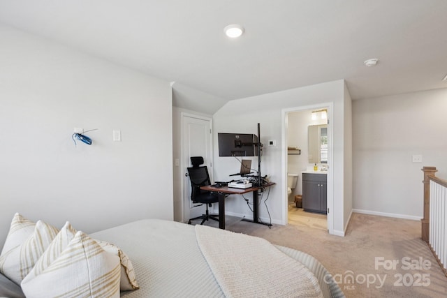 5008 Calvine Mill Way, Charlotte, NC 28205 - bedroom featuring light carpet, vaulted ceiling, a desk, and ensuite bath
