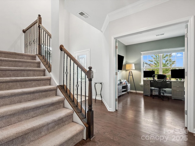 1008 Whipcord Dr, Waxhaw, NC 28173 - stairway featuring wood finished floors and crown molding