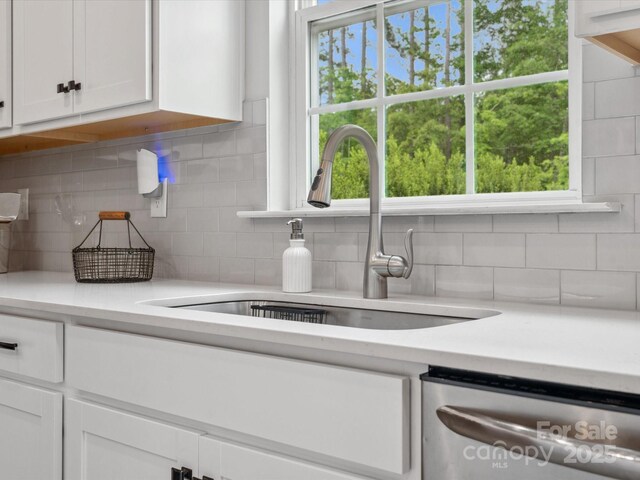 1008 Whipcord Dr, Waxhaw, NC 28173 - kitchen featuring dishwasher, white cabinetry, backsplash, and light countertops