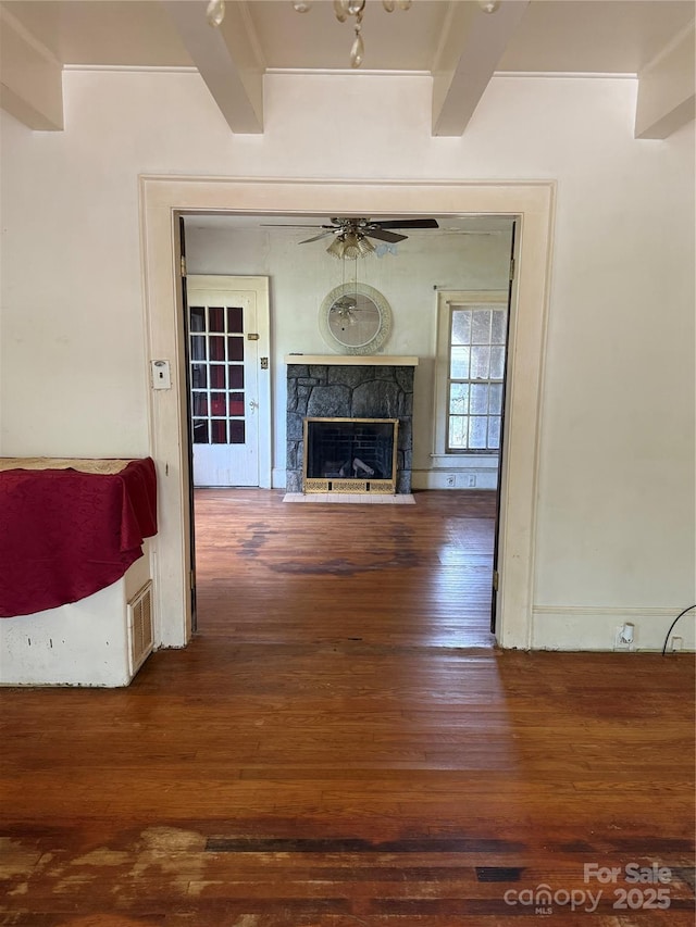 3985 1st Ave SW, Hickory, NC 28602 - living area featuring hardwood / wood-style flooring, ceiling fan, and a fireplace