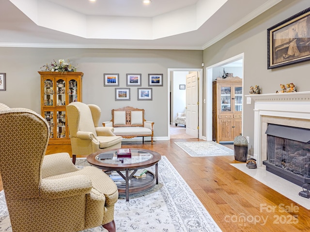 133 Sassafras Hill Dr, Rutherfordton, NC 28139 - living area featuring a high end fireplace, wood finished floors, a raised ceiling, ornamental molding, and recessed lighting
