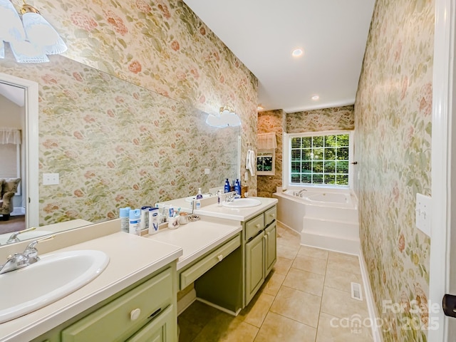133 Sassafras Hill Dr, Rutherfordton, NC 28139 - bathroom featuring wallpapered walls, vanity, tile patterned flooring, a garden tub, and recessed lighting