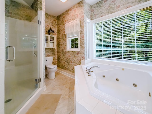 133 Sassafras Hill Dr, Rutherfordton, NC 28139 - bathroom featuring wallpapered walls, a stall shower, a jetted tub, and tile patterned floors