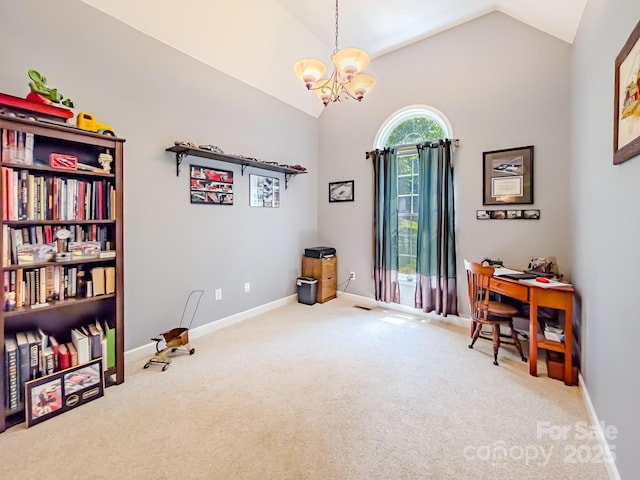 133 Sassafras Hill Dr, Rutherfordton, NC 28139 - sitting room featuring carpet floors, vaulted ceiling, and a chandelier