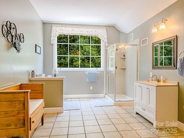 133 Sassafras Hill Dr, Rutherfordton, NC 28139 - bathroom with a shower stall, lofted ceiling, vanity, and tile patterned flooring