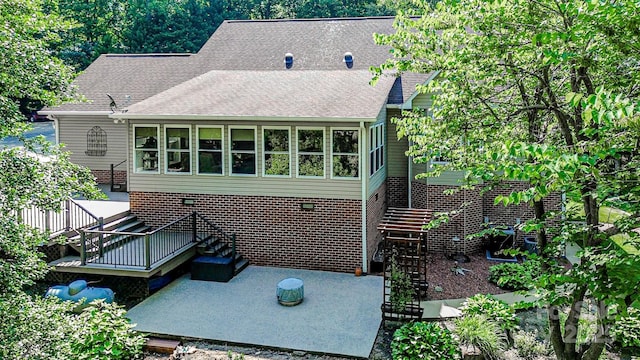 133 Sassafras Hill Dr, Rutherfordton, NC 28139 - rear view of house with stairway, a patio area, a shingled roof, a wooden deck, and crawl space