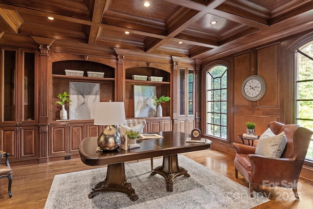 9110 Woodhall Lake Dr, Waxhaw, NC 28173 - office featuring a wooden ceiling with exposed beams, recessed lighting, coffered ceiling, built in shelves, and light wood-type flooring