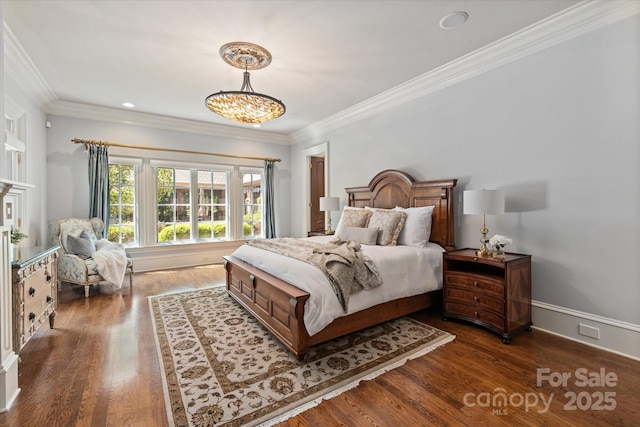 9110 Woodhall Lake Dr, Waxhaw, NC 28173 - bedroom with a chandelier, wood finished floors, crown molding, and recessed lighting
