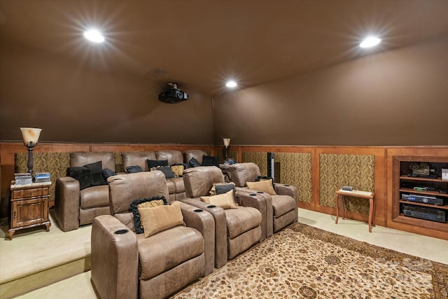 9110 Woodhall Lake Dr, Waxhaw, NC 28173 - cinema with recessed lighting, lofted ceiling, and a wainscoted wall