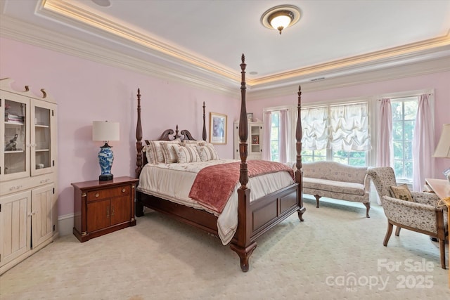 9110 Woodhall Lake Dr, Waxhaw, NC 28173 - bedroom with a tray ceiling, crown molding, and light carpet