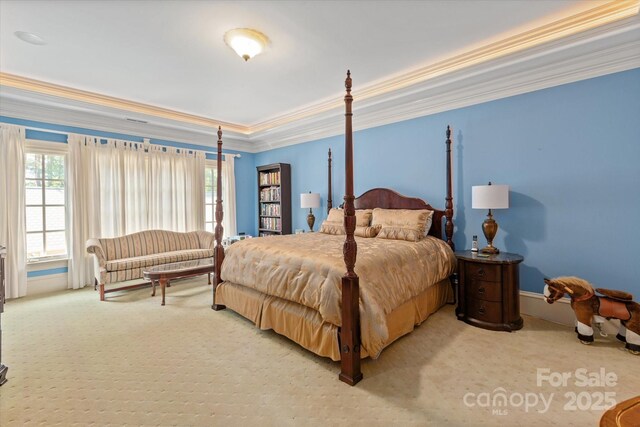 9110 Woodhall Lake Dr, Waxhaw, NC 28173 - bedroom with carpet, crown molding, and a tray ceiling