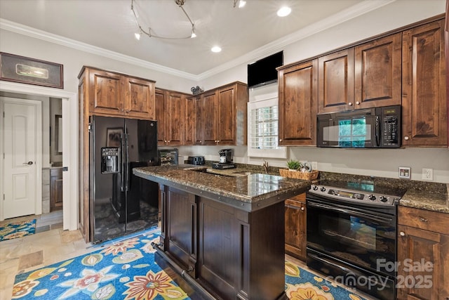 9110 Woodhall Lake Dr, Waxhaw, NC 28173 - kitchen featuring black appliances, dark stone countertops, a kitchen island, and ornamental molding