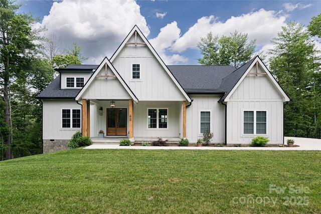 48 Falling Leaves Ln, Hendersonville, NC 28792 - modern farmhouse style home with a shingled roof, board and batten siding, french doors, and a porch