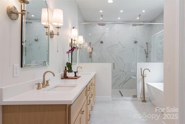 48 Falling Leaves Ln, Hendersonville, NC 28792 - bathroom with a marble finish shower, double vanity, recessed lighting, and a freestanding tub