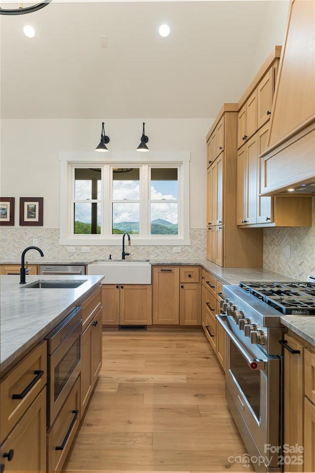 48 Falling Leaves Ln, Hendersonville, NC 28792 - kitchen featuring appliances with stainless steel finishes, custom range hood, light wood-type flooring, light stone countertops, and tasteful backsplash