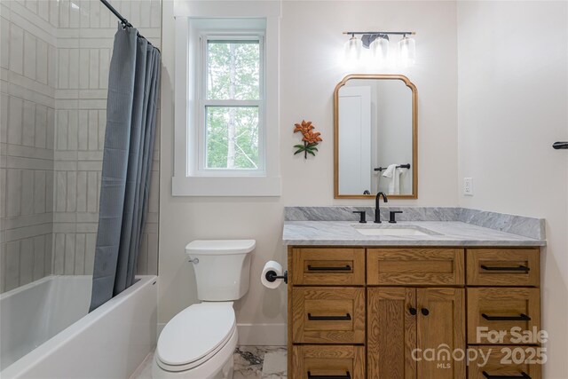 48 Falling Leaves Ln, Hendersonville, NC 28792 - bathroom with marble look tile flooring, vanity, and shower / bath combination with curtain