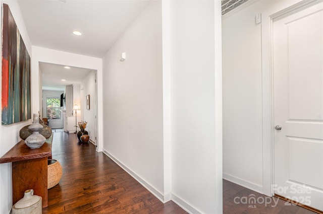 11225 Black Brant Ln, Charlotte, NC 28278 - hall featuring dark wood-style floors and recessed lighting
