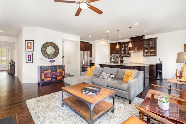 11225 Black Brant Ln, Charlotte, NC 28278 - living room featuring ceiling fan, dark wood-type flooring, and recessed lighting