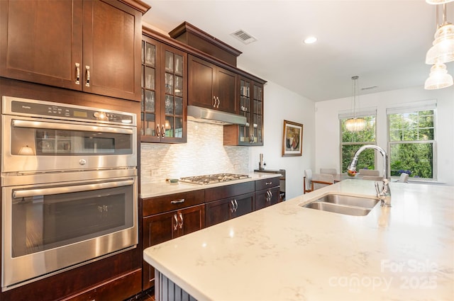 11225 Black Brant Ln, Charlotte, NC 28278 - kitchen with appliances with stainless steel finishes, under cabinet range hood, backsplash, pendant lighting, and glass insert cabinets