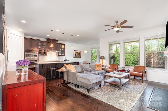 11225 Black Brant Ln, Charlotte, NC 28278 - living area with dark wood-type flooring, recessed lighting, and ceiling fan