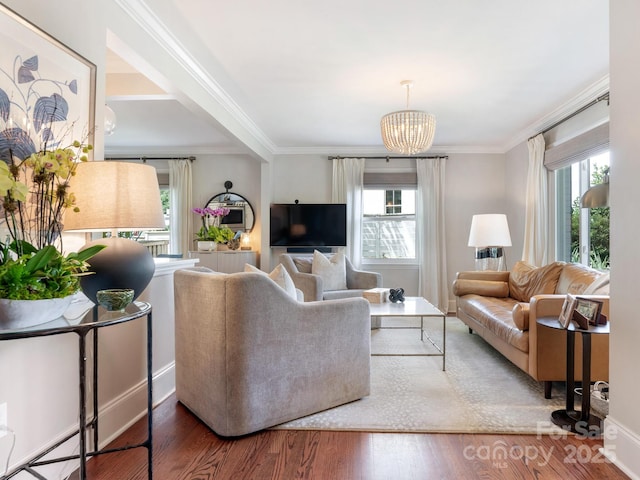 4618 Emory Ln, Charlotte, NC 28211 - living room featuring healthy amount of natural light, ornamental molding, a chandelier, and wood finished floors